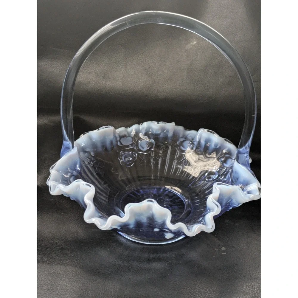 Fenton Glass Bride Basket Raffled Lavender Blue Opalescent Cabbage Rose 7.5 Inch